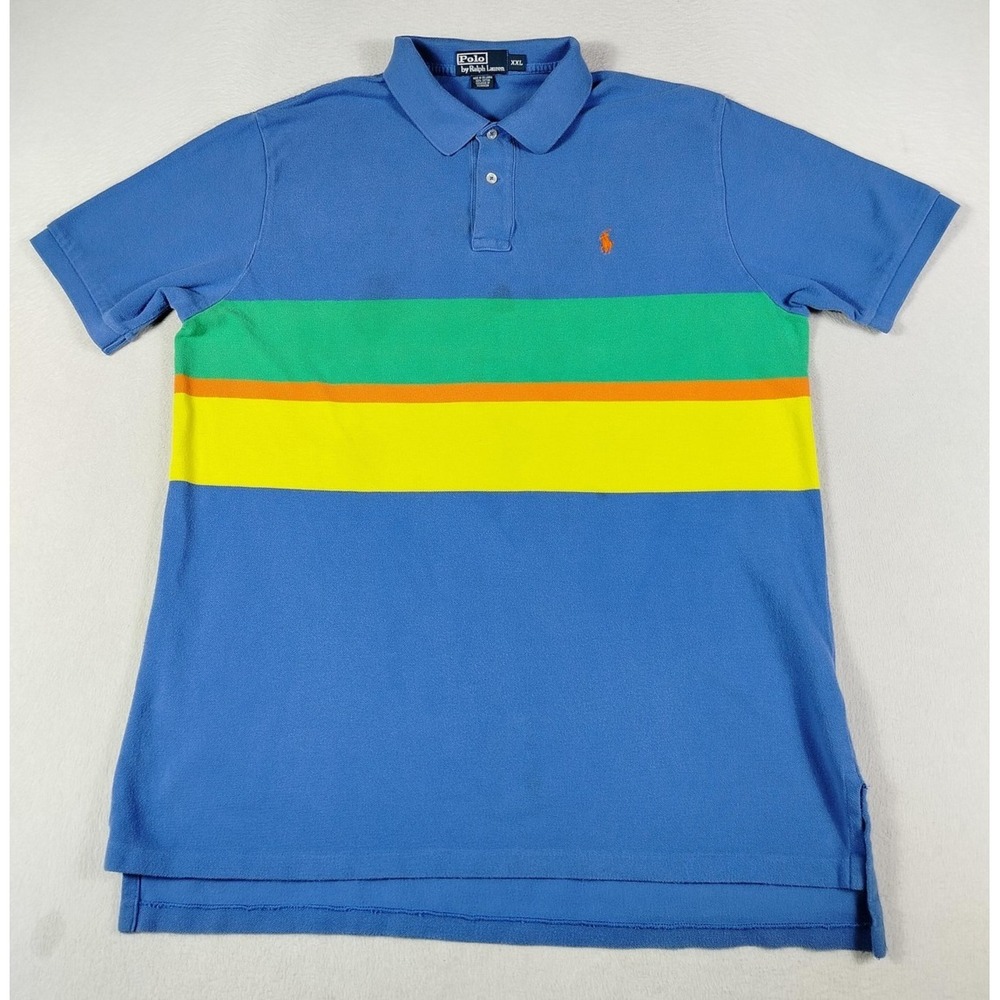 Vintage Polo Ralph Lauren Polo Shirt Mens 2XL Blue‎ Multicolor Stripe 90s Preppy